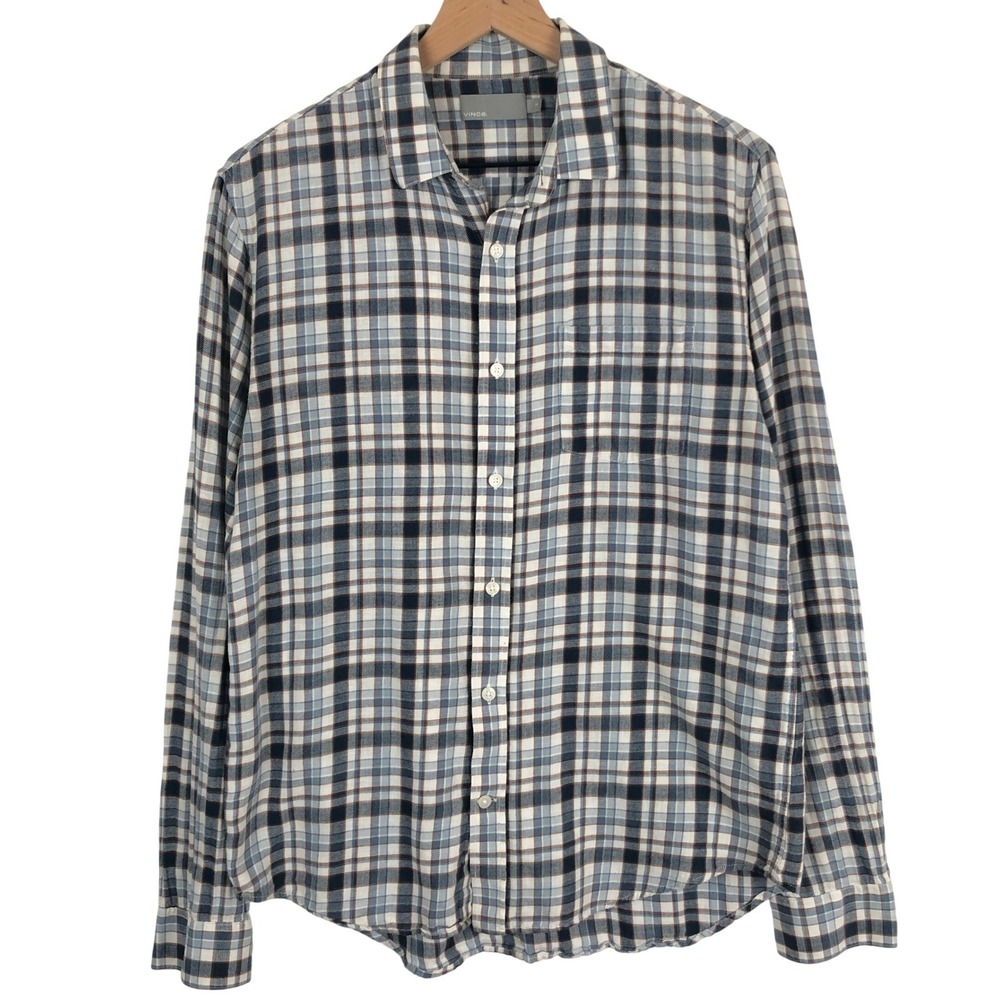 VINCE Cotton Linen Ramie Japanese Fabric Shirt Men's M Blue Plaid L/S Button Up